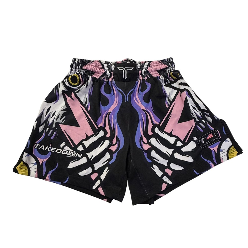 Takedown MMA Fight Shorts Mens Medium Black Pink Purple Skeleton Flame Graphic